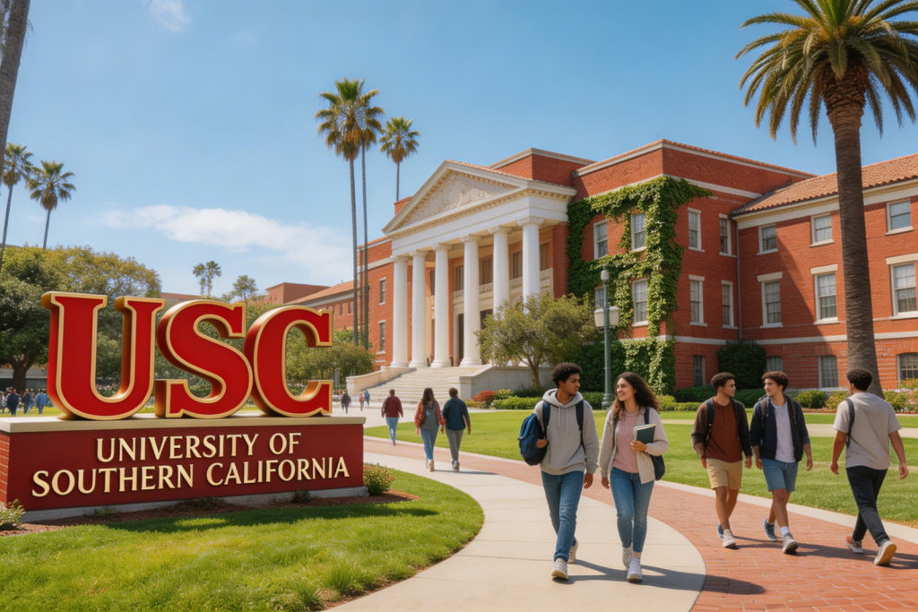 A sign for USC University of Southern California on campus, with a headline stating a fraternity was suspended for sexual assault and drugging allegations.
