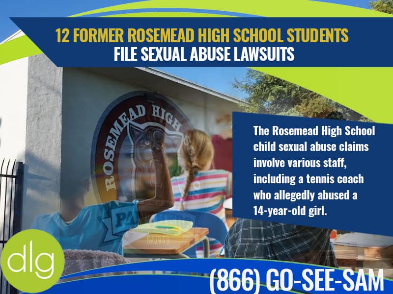 A graphic about Rosemead High School highlights lawsuits by 12 former students alleging sexual abuse by staff, including a tennis coach accused of abusing a 14-year-old girl.