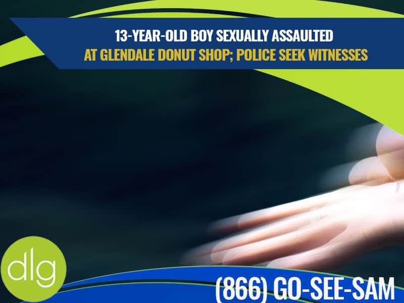 A blurred image of an outstretched hand with a headline about a 13-year-old boy sexually assaulted at a Glendale donut shop; police seek witnesses.