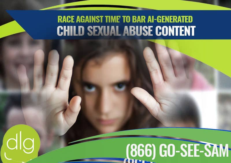 A young person presses their hands against glass, with a headline about barring AI-generated child sexual abuse content and a helpline number displayed.