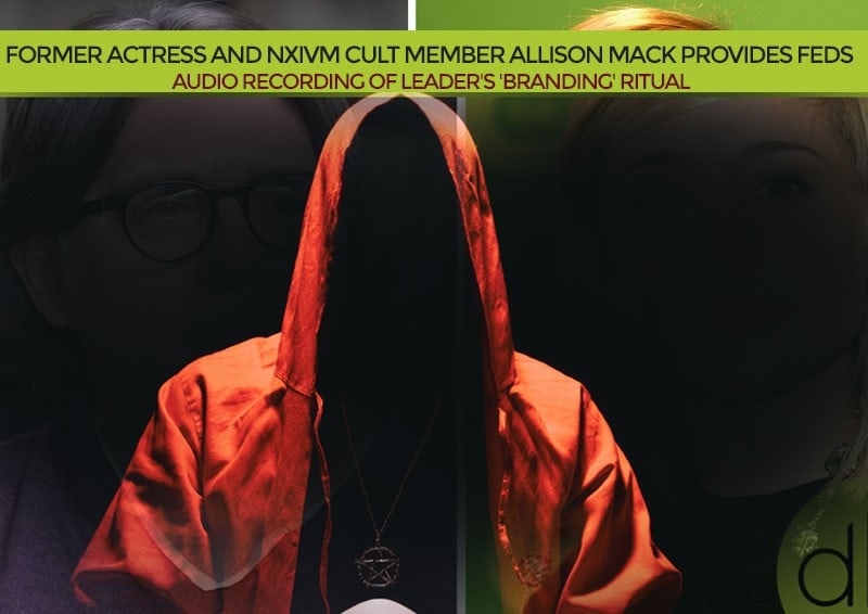 A person in an orange hooded cloak sits in the center, flanked by two shadowed figures; a headline about Allison Mack and NXIVM overlays the top.
