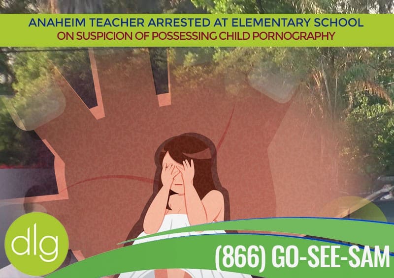 News graphic with headline: "Anaheim teacher arrested at elementary school on suspicion of possessing child pornography" and an illustration of a distressed woman.
