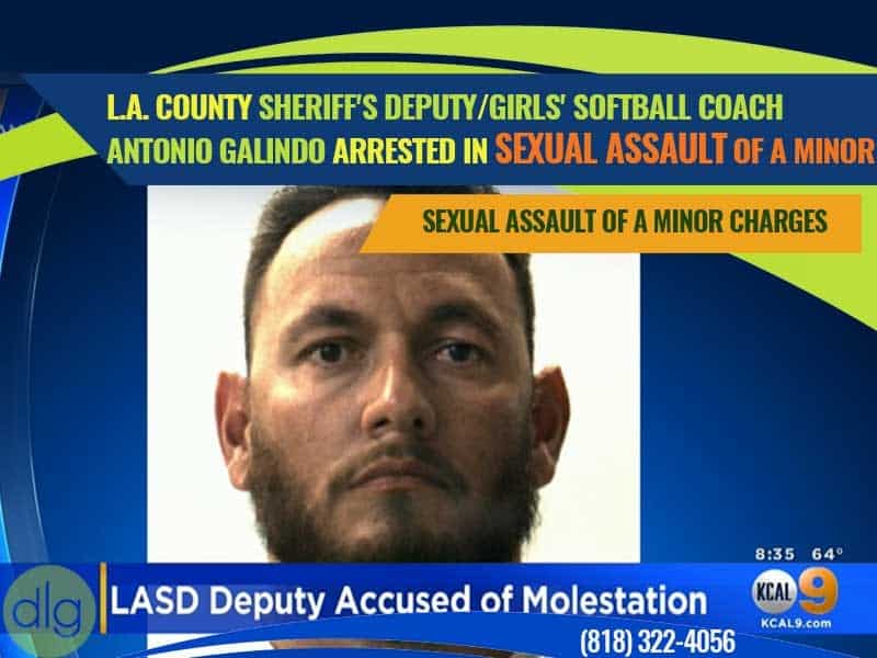 Mugshot of a man with headlines stating he is a sheriff's deputy and girls' softball coach arrested on sexual assault of a minor charges.