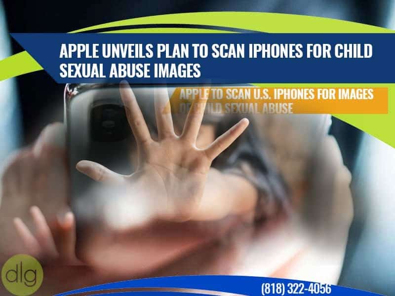 A hand is held up in front of a smartphone, with text about Apple's plan to scan iPhones for child sexual abuse images displayed over the image.