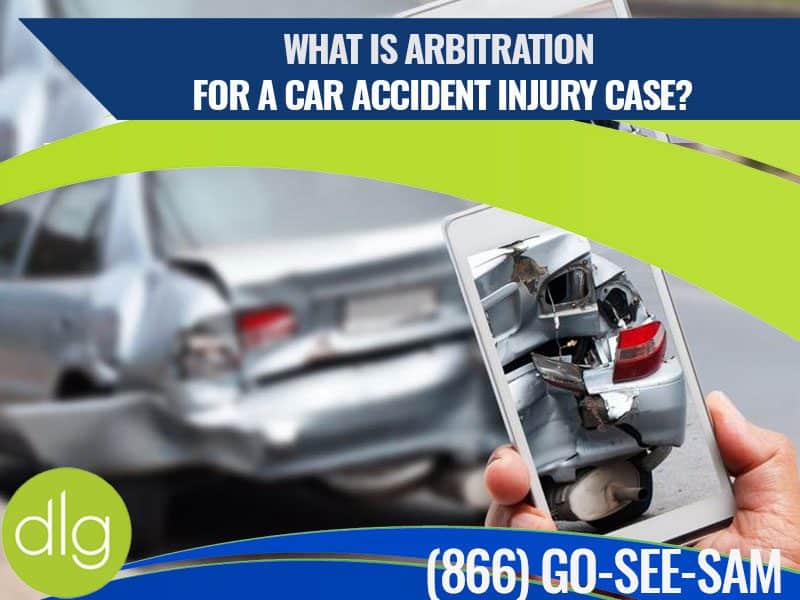A person holds a smartphone showing a photo of a rear-ended car; text discusses arbitration for car accident injury cases and displays a phone number.