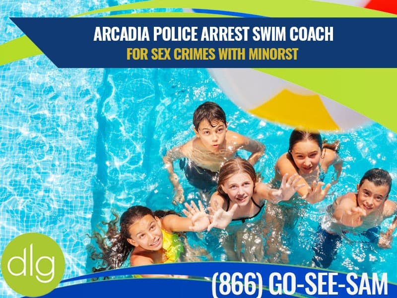 Five children are playing in a swimming pool, reaching for a beach ball. Text above reports the arrest of a swim coach for sex crimes with a minor.