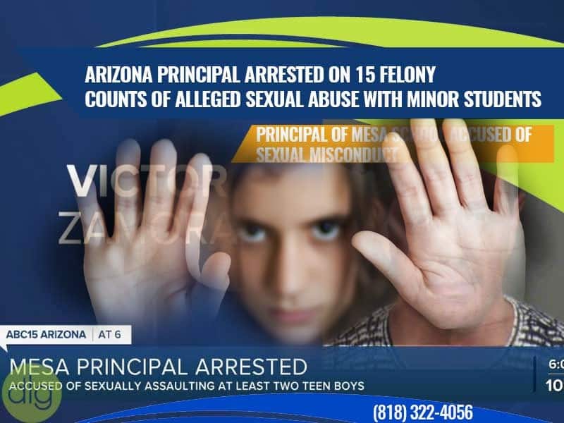 News graphic reporting the arrest of a Mesa principal on 15 felony counts of alleged sexual abuse involving minor students, with a blurred child and raised hands in the background.