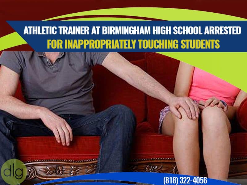 Two people sitting on a red couch; a man places his hand on a woman's knee. A headline states an athletic trainer was arrested for inappropriately touching students.