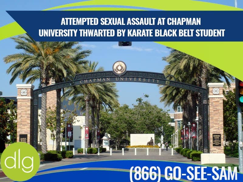 Entrance gate of Chapman University with a headline above stating, "Attempted sexual assault at Chapman University thwarted by karate black belt student.
