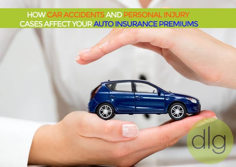 A person holds a small model car between their hands, with text about car accidents, personal injury, and auto insurance premiums above.