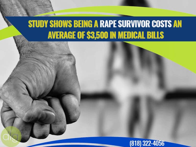 Close-up of a clenched fist in the foreground with blurred figures in the background; text highlights high medical costs for rape survivors.