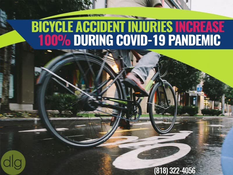 Person riding a bicycle in a city bike lane with text stating, "Bicycle accident injuries increase 100% during COVID-19 pandemic." Contact information is shown at the bottom.