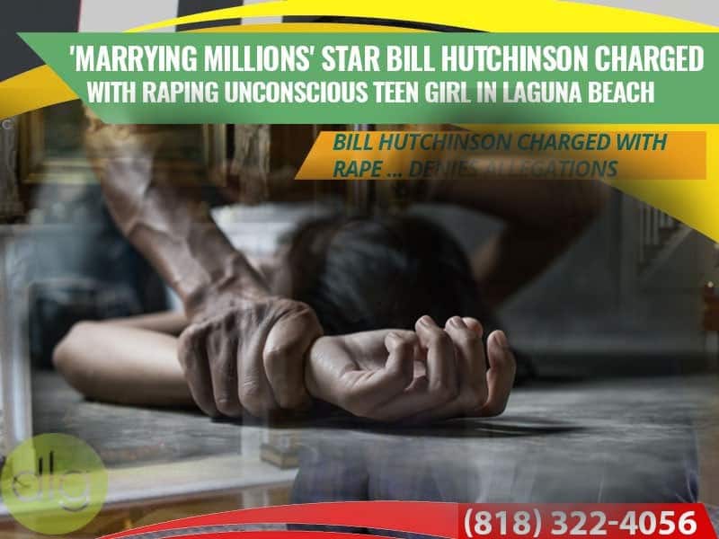 A news graphic reports that Bill Hutchinson has been charged with raping an unconscious teen girl, including denial of allegations and a helpline number.