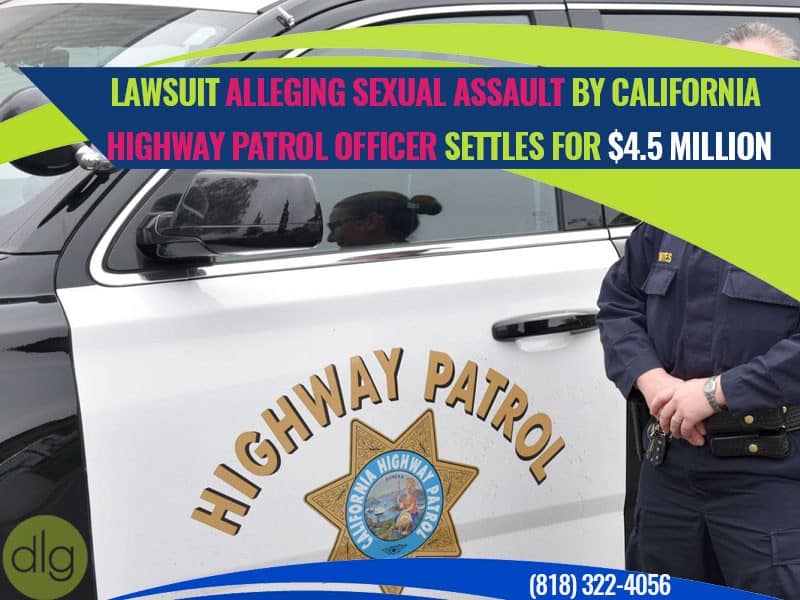 A person in uniform stands next to a California Highway Patrol car, with text about a $4.5 million legal settlement for an alleged sexual assault lawsuit.