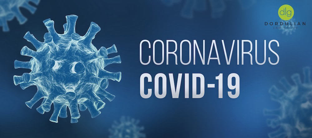 A digitally rendered image of the coronavirus with the text “CORONAVIRUS COVID-19” and the DLG Dordulian Law Group logo on a blue background.