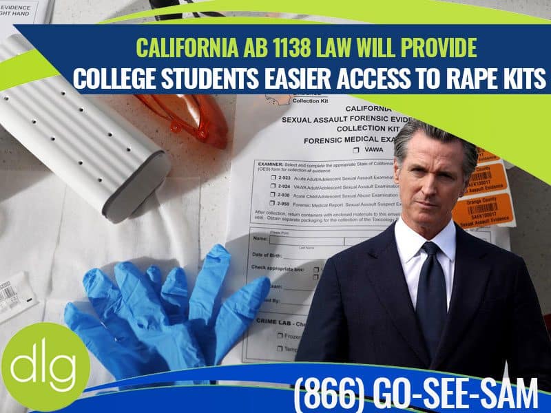 A promotional graphic highlights the California AB 1138 law for college students’ access to rape kits, with images of forensic tools and a man in a suit.