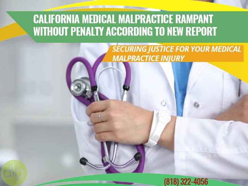 A doctor in a white coat holds a stethoscope; overlay text discusses rampant medical malpractice in California without penalty and offers contact information.