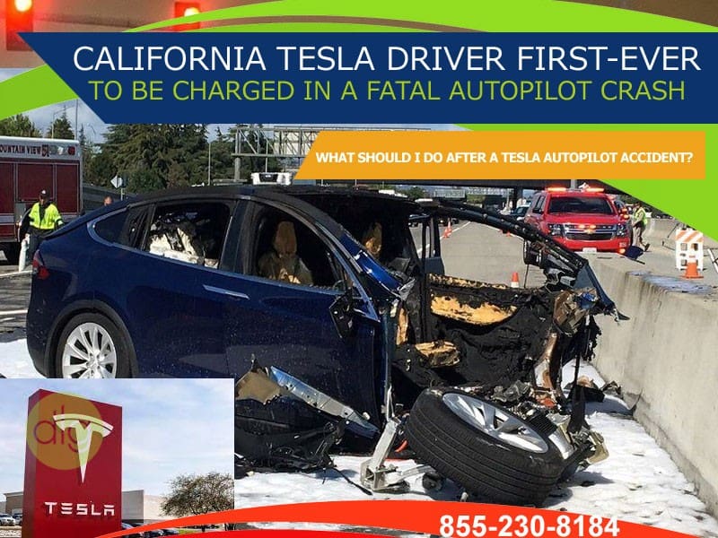 A heavily damaged Tesla vehicle is shown at a crash site, with emergency responders nearby. Text discusses a fatal autopilot crash and provides a contact number for legal assistance.