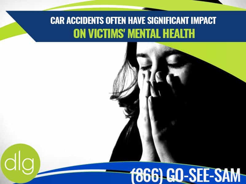 A person holds their hands to their face in distress; text highlights the mental health impact of car accidents and displays a helpline number.