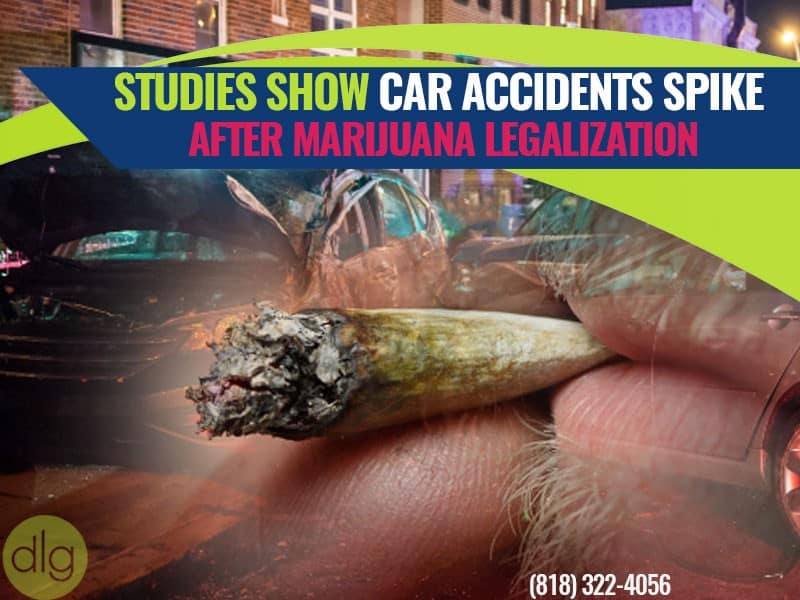 A large marijuana joint is shown in the foreground with two crashed cars in the background. Text reads: "Studies Show Car Accidents Spike After Marijuana Legalization.