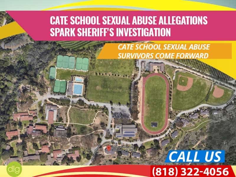 Aerial view of Cate School campus with text about sexual abuse allegations, urging survivors to come forward and providing a phone number to call.