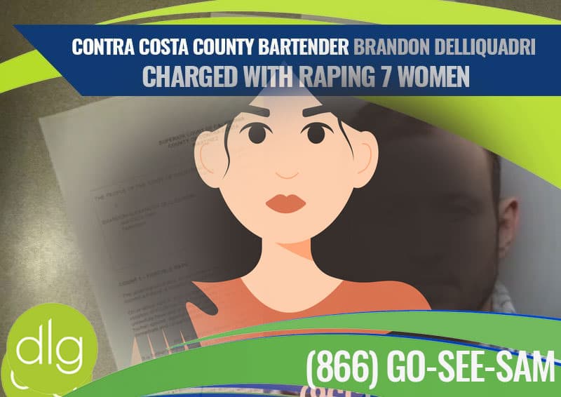 A news graphic reports a Contra Costa County bartender, Brandon Delliquadri, is charged with raping seven women, with a stylized illustration of a woman in the foreground and a blurred mugshot behind.