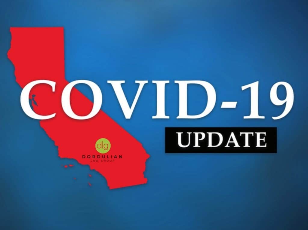 A red silhouette of California with the text "COVID-19 UPDATE" on a blue background. The Dordulian Law Group logo appears on California.
