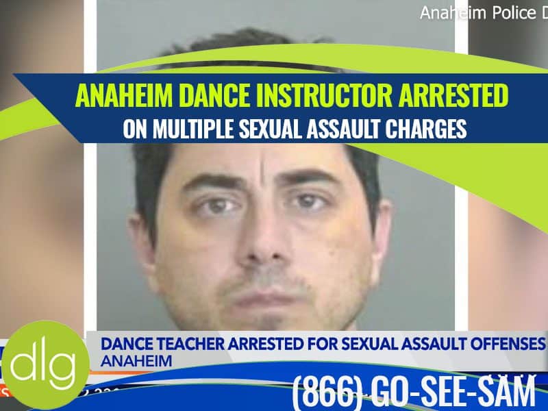Mugshot of a man with text stating "Anaheim dance instructor arrested on multiple sexual assault charges" and contact information at the bottom.