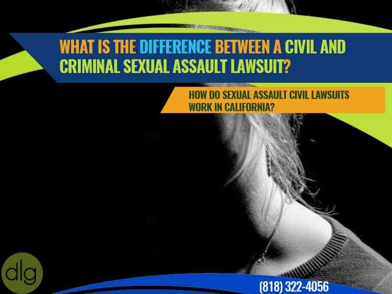 A black-and-white photo of a person’s silhouette is overlaid with text about the differences between civil and criminal sexual assault lawsuits and California law.