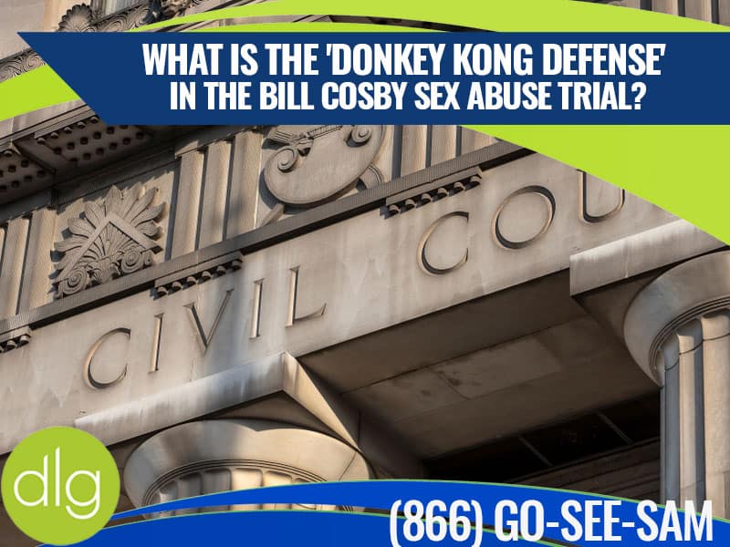 Close-up of a courthouse facade labeled "Civil Court," overlaid with text about the "Donkey Kong Defense" in the Bill Cosby sex abuse trial and a phone number for legal services.
