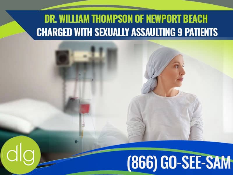 A woman in a headscarf sits in a medical setting next to text reporting charges against Dr. William Thompson for sexually assaulting nine patients.