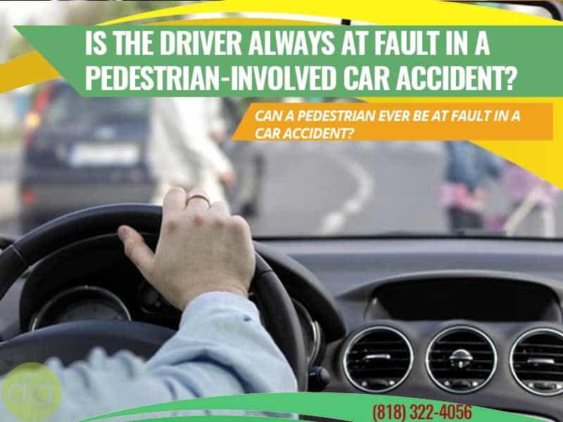 A person drives a car on a road with other vehicles, overlaid with text about fault in pedestrian-involved car accidents and a visible phone number.