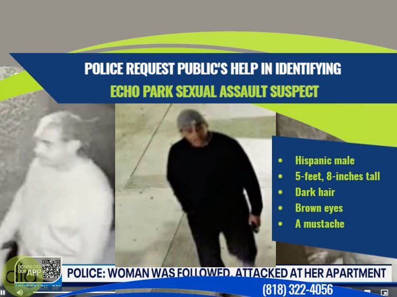 Surveillance images of a man, described as a Hispanic male, 5'8", with dark hair, brown eyes, and a mustache, wanted in connection with an Echo Park sexual assault case.