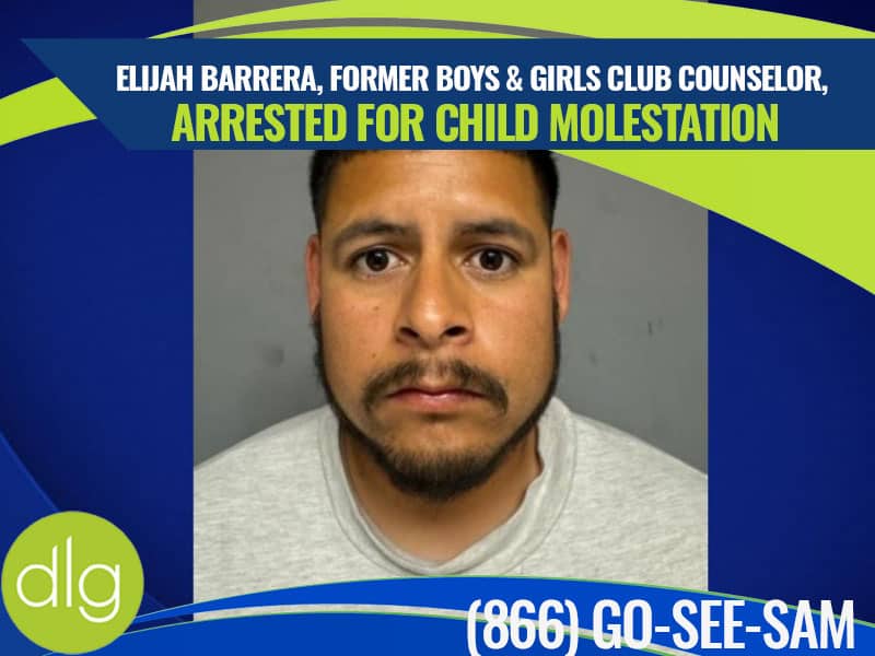 A mugshot of a man identified as Elijah Barrera appears with text stating he was a former Boys & Girls Club counselor arrested for child molestation.