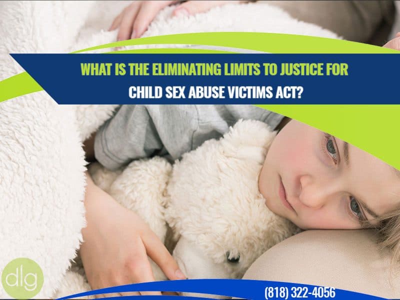 A child lies on a bed holding a stuffed animal; text on the image discusses the Eliminating Limits to Justice for Child Sex Abuse Victims Act and displays a phone number for legal help.