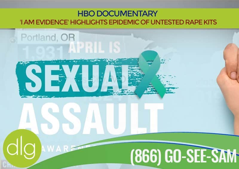 A promotional graphic for Sexual Assault Awareness Month, featuring a teal ribbon, hotline number, and mention of an HBO documentary on untested rape kits.