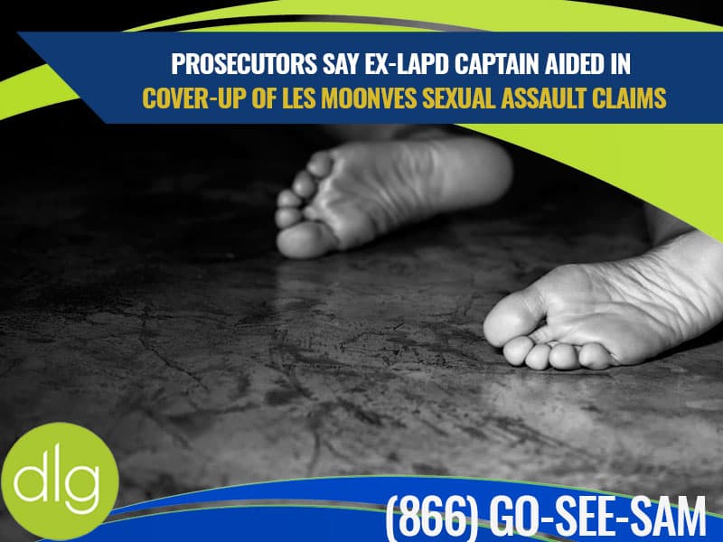 Black and white photo of bare feet lying on the floor, with a news headline about a former LAPD captain allegedly covering up sexual assault claims.