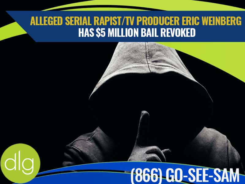 A person in a hooded sweatshirt holds a finger to their lips. Text overlay reports Eric Weinberg's $5 million bail revoked, referencing allegations and legal action.
