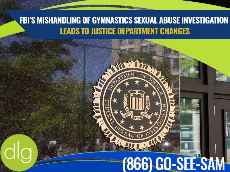 Department of Justice and FBI seal on building with headline about FBI mishandling gymnastics sexual abuse investigation and resulting Justice Department changes.