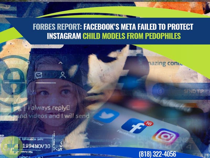 A collage features a child's face, social media icons, and text about Facebook’s Meta failing to protect Instagram child models from pedophiles, with a contact phone number shown.