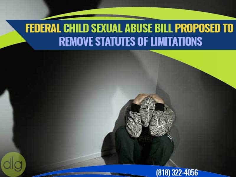 A person sits curled up against a wall in distress; text above discusses a proposed federal child sexual abuse bill to remove statutes of limitations.