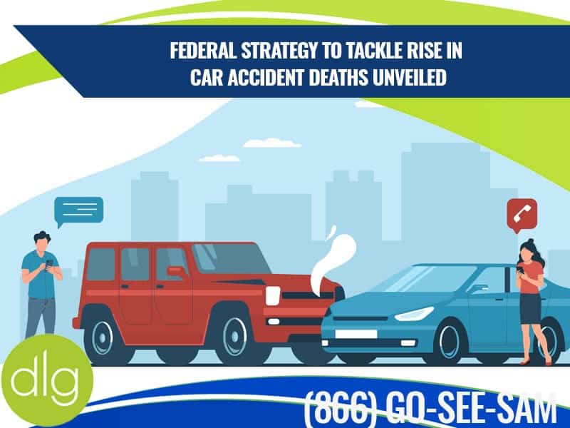 Illustration of a red SUV and blue sedan in a car accident with people standing nearby, accompanying text on federal strategy to address rising car accident deaths.