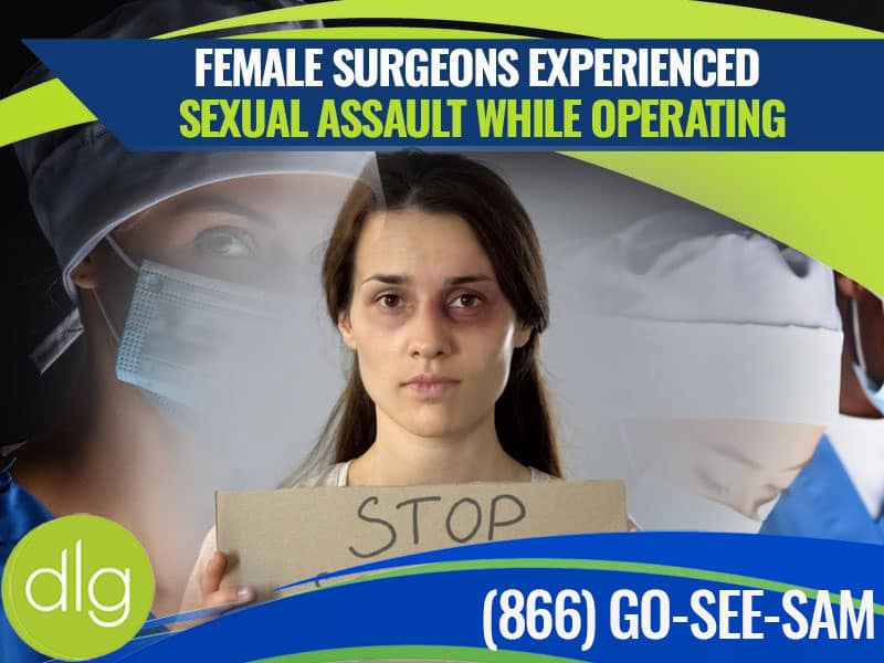 A woman with a bruised face holds a "STOP" sign; background shows female surgeons. Text reads: "Female surgeons experienced sexual assault while operating.