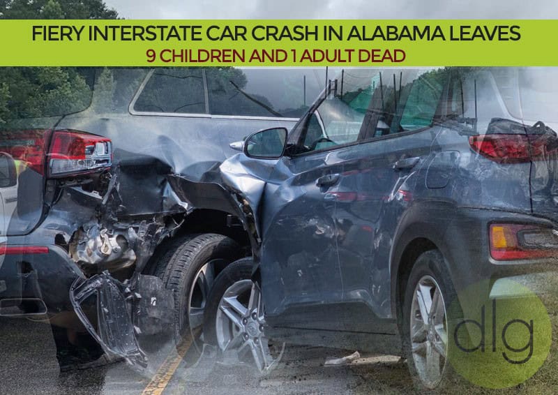 Two heavily damaged SUVs on a road, with text reporting a fatal Alabama interstate crash that left nine children and one adult dead.