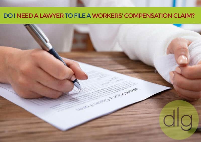 A person fills out a workers’ compensation claim form with a pen; the text above asks if hiring a lawyer is necessary for filing such a claim.