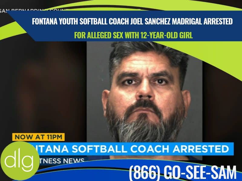 Mugshot of a man under a headline reporting the arrest of a Fontana youth softball coach for alleged sex with a 12-year-old girl.
