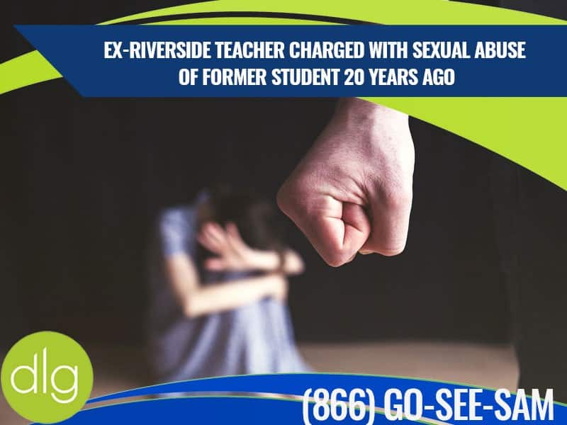 A person sits on the floor covering their face while a clenched fist is in the foreground; headline discusses sexual abuse charges against a former teacher.