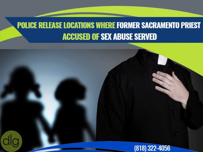 A priest stands in the foreground with his collar visible; in the background, shadows of two children are seen. Text above details accusations of sex abuse against a former Sacramento priest.