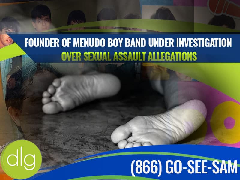 Close-up of a child's feet with a headline stating, "Founder of Menudo boy band under investigation over sexual assault allegations" and a phone number at the bottom.