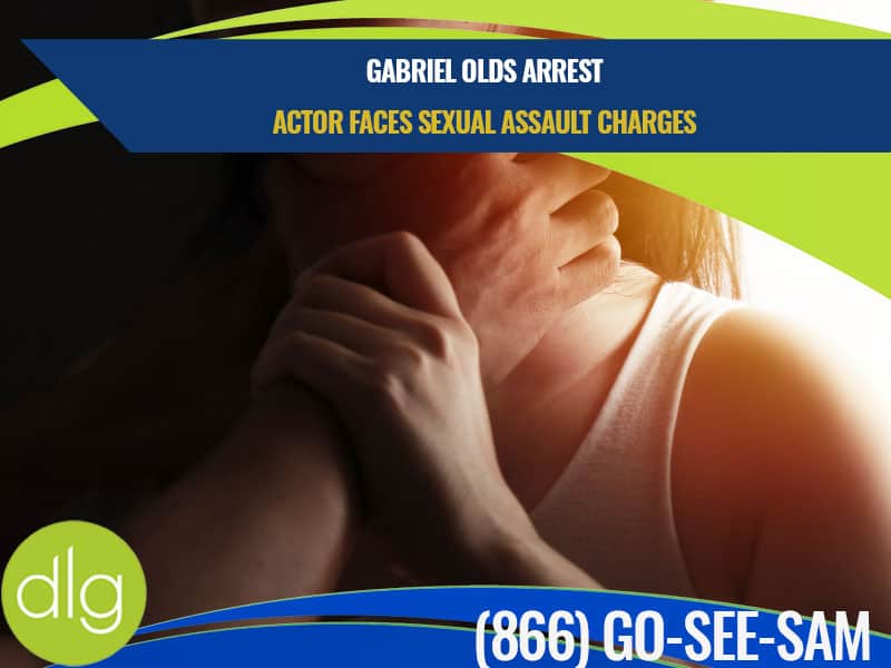 Close-up of a person being choked, illustrating violence. Text overlay reads: "Gabriel Olds Arrest: Actor Faces Sexual Assault Charges.